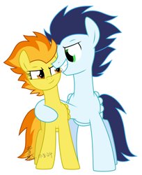 Size: 1244x1528 | Tagged: safe, artist:yaaaco, derpibooru import, edit, soarin', spitfire, pegasus, pony, cropped, female, grin, hug, male, mare, shipping, simple background, smiling, soarinfire, stallion, straight, white background