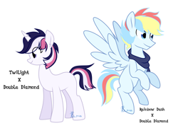 Size: 2415x1746 | Tagged: safe, artist:yaaaco, derpibooru import, oc, oc only, pegasus, pony, unicorn, half-siblings, offspring, parent:double diamond, parent:rainbow dash, parent:twilight sparkle, parents:diamondlight, parents:doubledash, simple background, white background