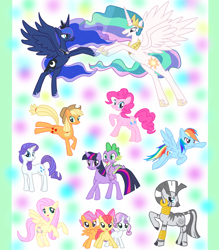 Size: 1400x1600 | Tagged: safe, artist:worisland, apple bloom, applejack, fluttershy, pinkie pie, princess celestia, princess luna, rainbow dash, rarity, scootaloo, spike, sweetie belle, twilight sparkle, zecora, alicorn, dragon, earth pony, pegasus, pony, unicorn, zebra, cutie mark crusaders, mane seven, pixiv