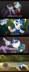 Size: 1920x4720 | Tagged: safe, artist:yaaaco, derpibooru import, beauty brass, dj pon-3, limelight, neon lights, octavia melody, rising star, vinyl scratch, earth pony, pony, unicorn, alternate hairstyle, alternate universe, angry, annoyed, bag, belt, bondage, censored vulgarity, chair, clothes, comic, crossover, disney, disney princess, dress, eyepatch, eyes closed, female, flynn rider, hoof on chin, lesbian, male, mare, mother gothel, open mouth, raised hoof, rapunzel, rock, saddle bag, scratchtavia, shipping, shirt, stallion, tangled (disney), tied to chair, tied up, vest, water, wet, wet mane