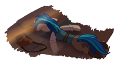 Size: 1416x784 | Tagged: safe, artist:yaaaco, derpibooru import, dj pon-3, vinyl scratch, pony, unicorn, alternate universe, bag, belt, boots, clothes, crossover, female, floor, flynn rider, mare, on floor, pants, prone, saddle bag, shirt, shoes, solo, tangled (disney), vest