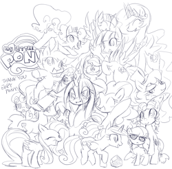 Size: 1000x985 | Tagged: safe, artist:kolshica, applejack, babs seed, bon bon, doctor whooves, fluttershy, granny smith, pinkie pie, princess cadance, princess celestia, queen chrysalis, sapphire shores, scootaloo, screwball, silver spoon, sweetie drops, twilight sparkle, twilight sparkle (alicorn), alicorn, changeling, changeling queen, earth pony, pegasus, pony, unicorn, adorababs, adorabon, adorasmith, blushing, bon bon is not amused, cute, cutealis, cutedance, dancing, doctorbetes, elderly, female, glasses, male, mare, monochrome, my little pony logo, scooter, silverbetes, simple background, sitting, stallion, standing, teen princess cadance, teenager, tongue out, white background, yay, younger