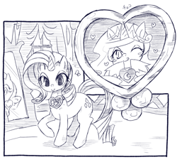 Size: 600x546 | Tagged: safe, artist:kolshica, princess celestia, rarity, alicorn, pony, unicorn, amulet, carousel boutique, curtain, mirror, reflection