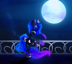 Size: 1280x1138 | Tagged: safe, artist:magnaluna, derpibooru import, princess luna, alicorn, pony, balcony, both cutie marks, color porn, crown, curved horn, ear fluff, female, full moon, galaxy mane, jewelry, mare, moon, moonbutt, night, plot, regalia, solo, stars