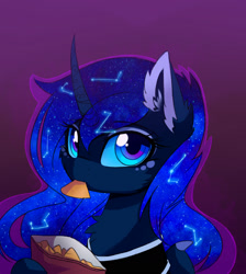 Size: 1600x1786 | Tagged: safe, artist:magnaluna, derpibooru import, princess luna, alicorn, pony, cheek fluff, chips, color porn, constellation, curved horn, cute, ear fluff, female, food, galaxy mane, looking at you, lunabetes, mare, neck fluff, purple background, simple background, solo