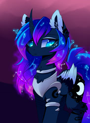 Size: 1280x1760 | Tagged: safe, artist:magnaluna, derpibooru import, princess luna, alicorn, pony, chest fluff, collar, color porn, colored wings, colored wingtips, constellation, curved horn, ear fluff, female, fluffy, galaxy mane, jewelry, leg fluff, mare, neck fluff, regalia, simple background, slit eyes, solo