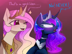 Size: 1280x971 | Tagged: safe, artist:magnaluna, derpibooru import, princess celestia, princess luna, alicorn, pony, angry, annoyed, blushing, bust, cheek fluff, chest fluff, collar, colored pupils, crossed hooves, crown, curved horn, dialogue, duo, ear fluff, fangs, female, fluffy, frown, galaxy mane, glare, glowing eyes, gradient background, implied lesbian, implied twilunestia, jewelry, lidded eyes, looking away, mare, neck fluff, one eye closed, open mouth, polyamory, regalia, royal sisters, simple background, smiling, wink, yelling