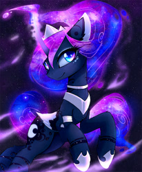 Size: 1730x2100 | Tagged: safe, artist:magnaluna, derpibooru import, princess luna, alicorn, pony, body markings, color porn, colored pupils, curved horn, cute, female, galaxy mane, looking at you, lunabetes, magic, mare, smiling, solo