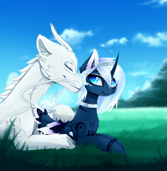 Size: 2400x2462 | Tagged: safe, artist:magnaluna, derpibooru import, princess luna, oc, oc:zefiroth, alicorn, dragon, pony, alternate universe, canon x oc, cheek fluff, chest fluff, choker, cloud, colored pupils, couple, cuddling, ear fluff, eyes closed, eyeshadow, field, fluffy, grass, lidded eyes, makeup, male, nuzzling, paws, prone, reflection, runes, shipping, sky, smiling, snuggling, straight, whiskers