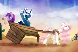 Size: 2880x1913 | Tagged: safe, artist:magnaluna, derpibooru import, princess celestia, princess luna, twilight sparkle, twilight sparkle (alicorn), alicorn, pony, alternate design, armpits, cart, celestia is not amused, cheering, curved horn, cute, cutelestia, desert, eyes closed, female, glowing horn, lunabetes, magic, open mouth, pink-mane celestia, pulling, royal sisters, schizo tech, smiling, square wheels, struggling, this will end in tears and/or a journey to the moon, trio, trio female, twiabetes, younger