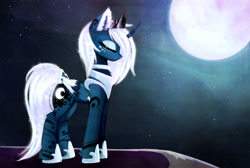 Size: 2480x1664 | Tagged: safe, artist:magnaluna, derpibooru import, princess luna, alicorn, pony, alternate design, balcony, chest fluff, colored wings, colored wingtips, crown, ear fluff, eyes closed, eyeshadow, full moon, glow, jewelry, loose hair, makeup, moon, night, regalia, sky, solo, starry night, stars, unshorn fetlocks