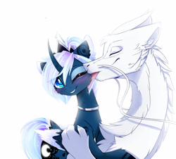Size: 2480x2240 | Tagged: safe, artist:magnaluna, derpibooru import, princess luna, oc, oc:zefiroth, alicorn, dragon, pony, alternate hairstyle, blushing, body markings, canon x oc, cheek fluff, chest fluff, claws, collar, colored pupils, colored wings, colored wingtips, couple, crown, curved horn, cute, ear fluff, embrace, ethereal mane, eyes closed, eyeshadow, female, floppy ears, fluffy, galaxy mane, hair bun, horn, jewelry, licking, lunabetes, makeup, male, mare, multicolored wings, neck fluff, necklace, one eye closed, paws, regalia, shipping, simple background, smiling, straight, tongue out, white background