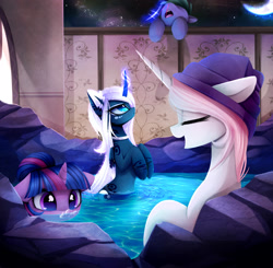 Size: 2480x2427 | Tagged: safe, artist:magnaluna, derpibooru import, princess celestia, princess luna, twilight sparkle, twilight sparkle (alicorn), oc, alicorn, pony, alternate universe, blood, blowing bubbles, curved horn, hot springs, nosebleed, paws, peeping tom, spa, towel, water