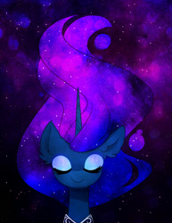 Size: 1616x2094 | Tagged: safe, artist:magnaluna, derpibooru import, princess luna, alicorn, pony, bust, cute, ear fluff, ethereal mane, eyes closed, galaxy, galaxy mane, long hair, lunabetes, portrait, smiling, solo, starry mane, stars