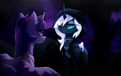 Size: 2349x1489 | Tagged: safe, artist:magnaluna, derpibooru import, part of a series, part of a set, princess luna, twilight sparkle, twilight sparkle (alicorn), alicorn, pony, alternate design, blood, cloak, clothes, curved horn, duo, eyeshadow, makeup, night, one eye closed, smiling, starry night, stars, story in the source, wink