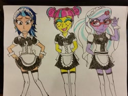 Size: 3984x2988 | Tagged: safe, artist:dcb2, artist:dcb2art, indigo zap, sour sweet, sugarcoat, equestria girls, friendship games, arm behind back, clothes, cross-popping veins, crystal prep shadowbolts, cuffs (clothes), glasses, maid, traditional art