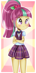 Size: 1000x2023 | Tagged: safe, artist:vixelzf, sour sweet, equestria girls, friendship games, blushing, clothes, crossed arms, crystal prep academy uniform, female, school uniform, solo