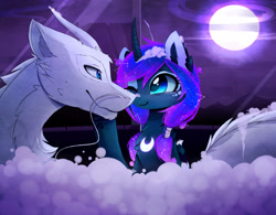 Size: 2480x1939 | Tagged: safe, artist:magnaluna, derpibooru import, princess luna, oc, oc:zefiroth, alicorn, dragon, pony, alternate design, alternate hairstyle, alternate universe, bath, boop, bubble, c:, canon x oc, curved horn, cute, eye contact, fluffy, galaxy mane, lidded eyes, looking at each other, lunabetes, moon, night, noseboop, nuzzling, one eye closed, pigtails, shipping, sitting, smiling