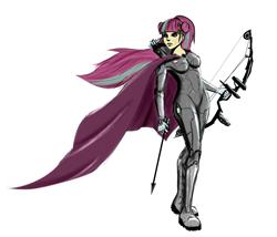 Size: 1626x1392 | Tagged: safe, artist:spacehunt, sour sweet, equestria girls, friendship games, archery, arrow, badass, battle suit, bow (weapon), bow and arrow, cape, cloak, clothes, simple background, solo