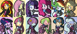 Size: 780x350 | Tagged: safe, artist:rvceric, applejack, fluttershy, indigo zap, lemon zest, pinkie pie, rainbow dash, rarity, sci-twi, sour sweet, sugarcoat, sunny flare, sunset shimmer, twilight sparkle, equestria girls, friendship games, clothes, crystal prep academy, crystal prep shadowbolts, humane seven, shadow five, shadow six, skirt