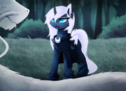 Size: 2480x1792 | Tagged: safe, artist:magnaluna, derpibooru import, princess luna, oc, oc:zefiroth, alicorn, dragon, pony, alternate universe, canon x oc, cloak, clothes, cute little fangs, fangs, open mouth, shipping