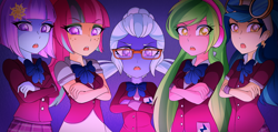 Size: 1024x489 | Tagged: safe, artist:drsunnybun, indigo zap, lemon zest, sour sweet, sugarcoat, sunny flare, equestria girls, friendship games, clothes, crystal prep academy, crystal prep academy uniform, crystal prep shadowbolts, looking at you, scene interpretation, school uniform, shadow five, unleash the magic