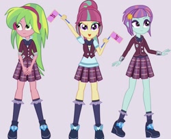 Size: 1418x1150 | Tagged: safe, artist:starblast33, lemon zest, sour sweet, sunny flare, equestria girls, friendship games, clothes, cute, flag waving, headphones, looking at you, open mouth, school uniform, smiling, sourbetes