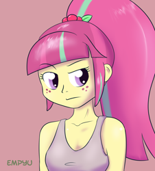 Size: 1000x1108 | Tagged: safe, artist:empyu, sour sweet, equestria girls, friendship games, 30 minute art challenge, freckles, frown, ponytail, raised eyebrow, solo