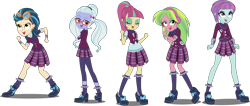 Size: 5904x2500 | Tagged: safe, artist:xebck, indigo zap, lemon zest, sour sweet, sugarcoat, sunny flare, equestria girls, friendship games, absurd resolution, clothes, crystal prep academy, crystal prep academy uniform, crystal prep shadowbolts, glasses, goggles, school uniform, shadow five, simple background, transparent background, vector