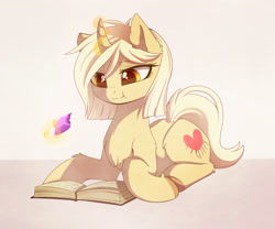 Size: 2788x2318 | Tagged: safe, artist:magnaluna, derpibooru import, oc, oc only, oc:krystal, pony, unicorn, book, colored pupils, commission, eating, female, food, gem, levitation, magic, mare, reading, solo, telekinesis, underhoof