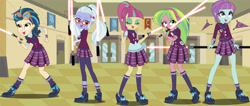 Size: 5904x2500 | Tagged: safe, artist:xebck, edit, indigo zap, lemon zest, sour sweet, sugarcoat, sunny flare, equestria girls, friendship games, clothes, crystal prep academy, crystal prep shadowbolts, glasses, goggles, headphones, lightsaber, lightsaber techniques, shadow five, sith, skirt, star wars