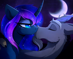 Size: 2480x2013 | Tagged: safe, artist:magnaluna, derpibooru import, discord, princess luna, alicorn, draconequus, pony, chest fluff, chin fluff, crescent moon, curved horn, ear fluff, eyes closed, female, fluffy, galaxy mane, horns, kissing, lidded eyes, lunacord, male, moon, neck fluff, night, shipping, straight