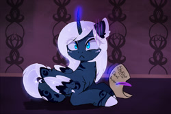 Size: 1280x851 | Tagged: safe, artist:magnaluna, derpibooru import, princess luna, alicorn, pony, :<, alternate design, alternate universe, blacklist, colored hooves, colored wings, curved horn, ear fluff, frown, glowing horn, letter, list, magic, prone, quill, solo, tail feathers