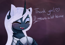 Size: 1280x880 | Tagged: safe, artist:magnaluna, derpibooru import, princess luna, alicorn, pony, alternate design, blushing, bust, curved horn, cute, dialogue, ear fluff, eyes closed, fangs, female, fluffy, heart, hooves together, lunabetes, mare, open mouth, smiling, solo, thank you, tumblr, white hair