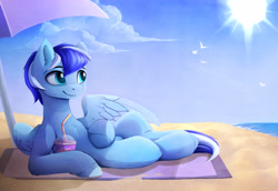 Size: 3780x2600 | Tagged: safe, artist:magnaluna, derpibooru import, oc, oc only, oc:ocean breeze, bird, pegasus, pony, beach, cloud, commission, drink, male, sand, sky, smiling, solo, stallion, straw, sun, umbrella, water