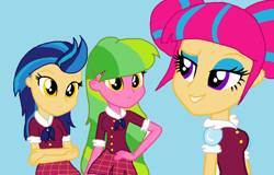 Size: 1024x655 | Tagged: safe, artist:mlplovesyouxx, indigo zap, lemon zest, sour sweet, equestria girls, alternate universe