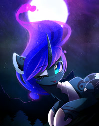 Size: 1982x2520 | Tagged: safe, artist:magnaluna, derpibooru import, princess luna, alicorn, pony, :p, cheek fluff, curved horn, cute, ear fluff, female, floppy ears, galaxy mane, leg fluff, looking at you, lunabetes, mare, moon, neck fluff, night, one eye closed, solo, tongue out, tree, wink