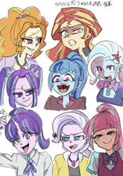 Size: 700x1000 | Tagged: safe, artist:misochikin, adagio dazzle, aria blaze, diamond tiara, sonata dusk, sour sweet, starlight glimmer, sunset shimmer, trixie, equestria girls, friendship games, rainbow rocks, cute, faic, horned humanization, japanese, looking at you, silly face, the dazzlings, tongue out