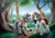 Size: 3060x2152 | Tagged: safe, artist:magnaluna, derpibooru import, zecora, oc, oc:light landstrider, pony, unicorn, zebra, commission, female, flower, forest, male, mare, pine tree, smiling, stallion, tree