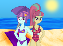 Size: 899x653 | Tagged: safe, artist:cyber-murph, sour sweet, sunny flare, equestria girls, friendship games, beach, belly button, bikini, breasts, cleavage, clothes, cutie mark, female, hand on hip, sour suika, swimsuit, towel, umbrella