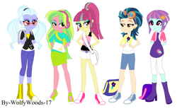 Size: 1024x644 | Tagged: safe, artist:wolfywoods-17, indigo zap, lemon zest, sour sweet, sugarcoat, sunny flare, equestria girls, friendship games, alternate universe, ponytail, shadow five, trip