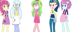 Size: 961x427 | Tagged: safe, artist:imtailsthefoxfan, indigo zap, lemon zest, sour sweet, sugarcoat, sunny flare, equestria girls, friendship games, alternate universe, crystal prep shadowbolts, headphones, meme, pinkie has a crazy idea, shadow five, simple background, transparent background