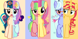 Size: 1024x515 | Tagged: safe, artist:ecoster1268, indigo zap, lemon zest, sour sweet, sugarcoat, sunny flare, sunset shimmer, pony, equestria girls, friendship games, alternate universe, equestria girls ponified, ponified, what my cutie mark is telling me