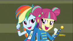 Size: 1280x720 | Tagged: safe, edit, screencap, majorette, rainbow dash, sour sweet, equestria girls, friendship games, baton, chs rally song, clothes, cute, dashabetes, shirt, skirt, sweatshirt, sweetly and sourly, t-shirt