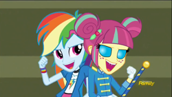 Size: 1280x720 | Tagged: safe, edit, edited screencap, screencap, majorette, rainbow dash, sour sweet, changeling, equestria girls, friendship games, baton