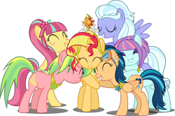 Size: 3500x2325 | Tagged: safe, artist:xebck, edit, indigo zap, lemon zest, sour sweet, sugarcoat, sunny flare, sunset shimmer, alicorn, earth pony, pegasus, pony, unicorn, equestria girls, friendship games, magical mystery cure, a true true friend, alicornified, alternate mane six, alternate universe, elements of harmony, equestria girls ponified, eyes closed, group, group hug, happy, ponified, race swap, shadow five, shimmercorn, simple background, smiling, transparent background, vector, vector edit