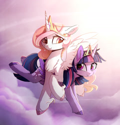 Size: 1688x1749 | Tagged: safe, artist:magnaluna, derpibooru import, princess celestia, twilight sparkle, twilight sparkle (alicorn), alicorn, pony, chest fluff, cloud, crown, duo, female, flying, jewelry, lesbian, mare, pink-mane celestia, ponies riding ponies, regalia, shipping, twilestia