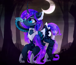 Size: 1666x1411 | Tagged: dead source, safe, artist:magnaluna, derpibooru import, princess luna, alicorn, pony, snake, alternate design, color porn, crescent moon, curved horn, duo, ear fluff, female, forest, galaxy mane, leg fluff, mare, missing accessory, moon, smiling, tail wrap, tree