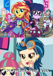 Size: 1063x1500 | Tagged: safe, fluttershy, indigo zap, pinkie pie, rainbow dash, sci-twi, sour sweet, sugarcoat, sunset shimmer, twilight sparkle, equestria girls, friendship games, asdfmovie, ear piercing, earring, female, goggles, jewelry, lesbian, now kiss, piercing, scitwishimmer, shipper on deck, shipping, sunsetsparkle