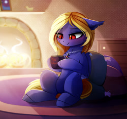 Size: 2022x1902 | Tagged: safe, artist:magnaluna, derpibooru import, oc, oc only, oc:butter cream, bat pony, pony, commission, fireplace, mug, solo